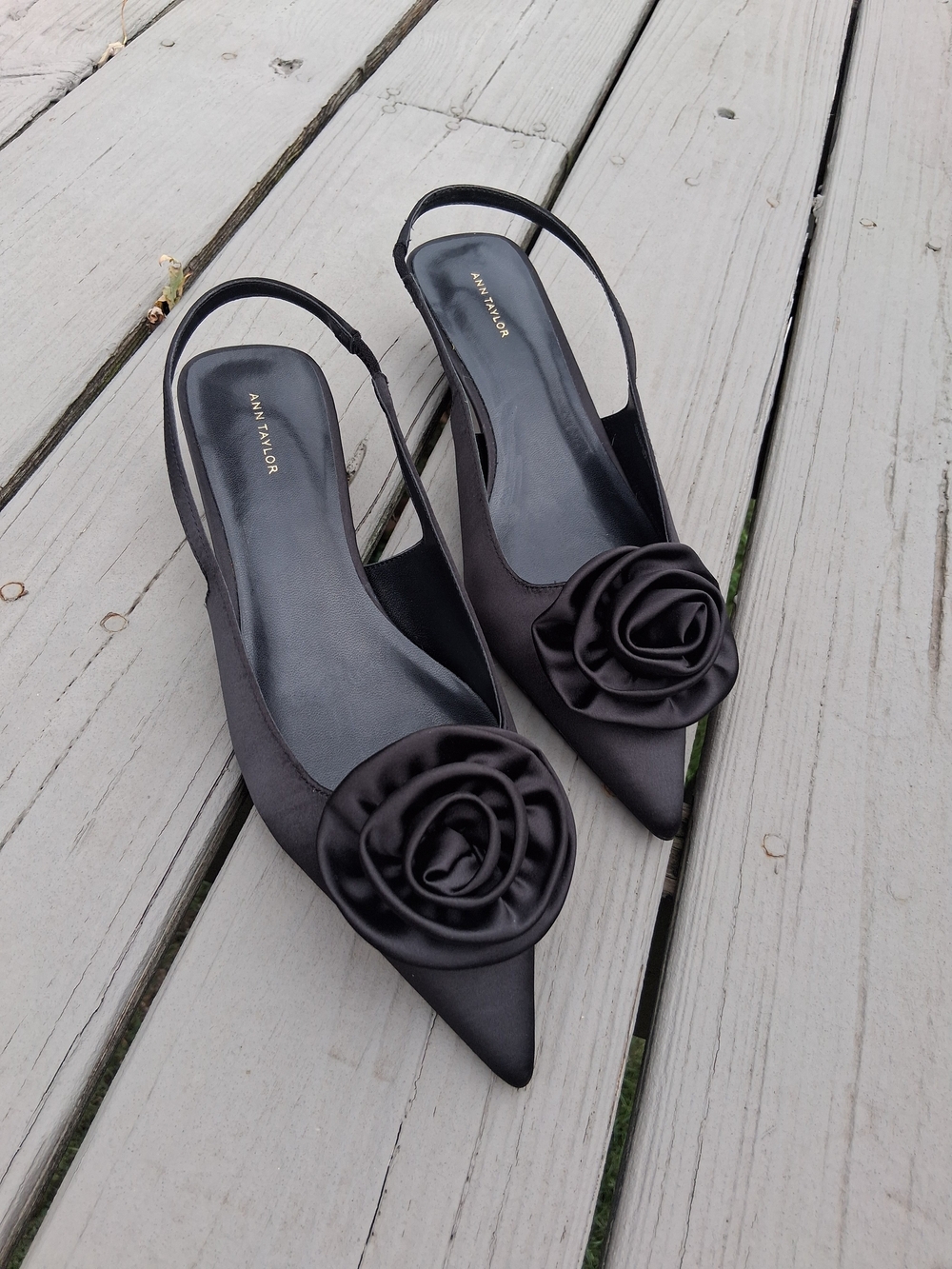 Ann Taylor Black Satin Pointed Slingback Flats with Rosette
